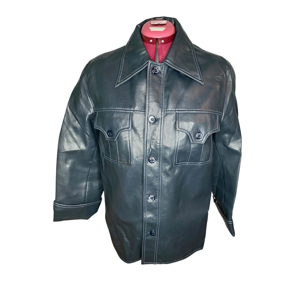 Vegan leather spy style Jacket gun metal gray blue vintage